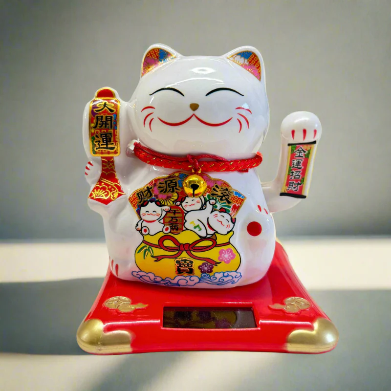 Chat porte-bonheur en céramique blanche solaire – 11 cm